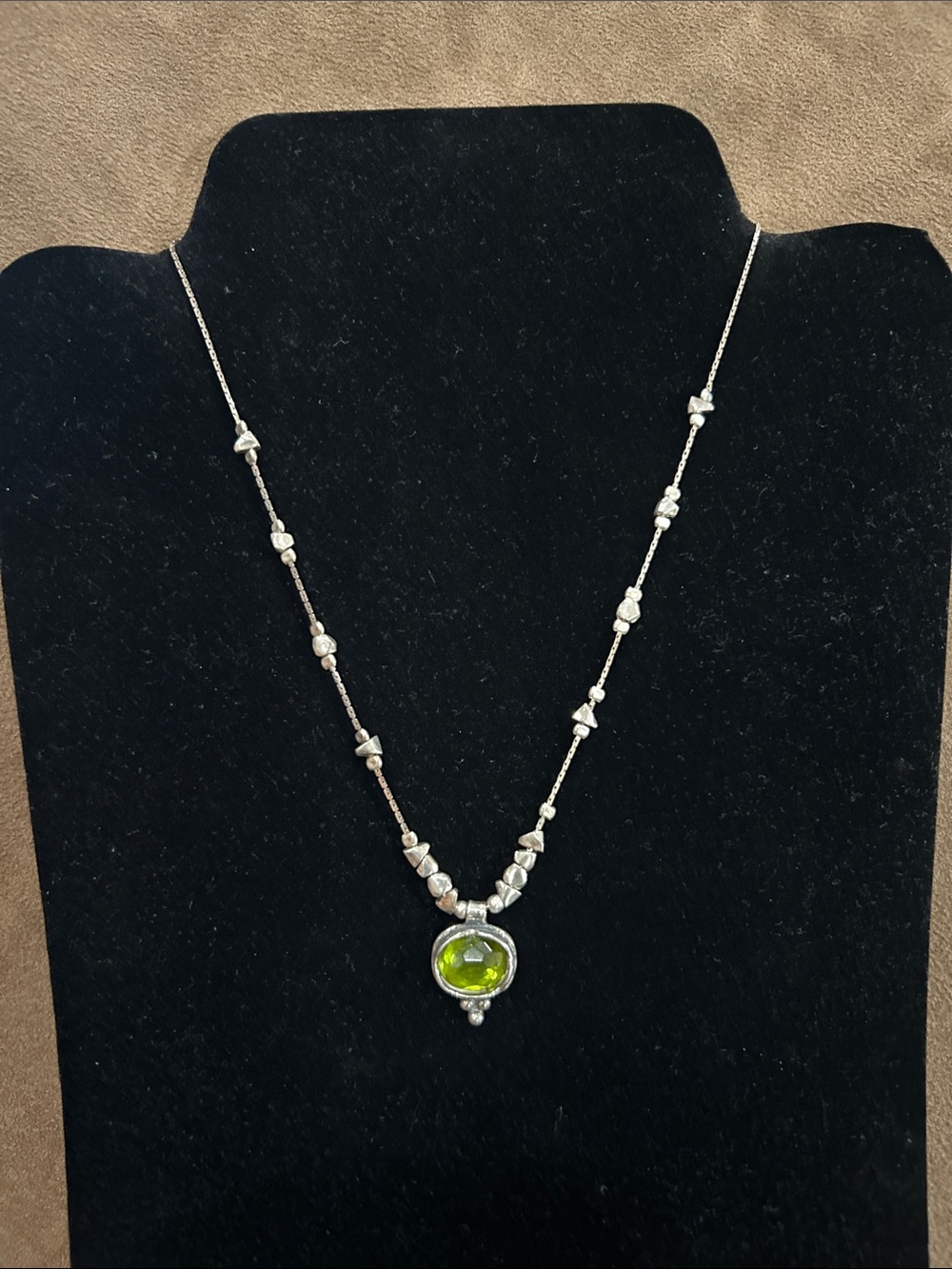 Sterling Silver bead and Green Glass Pendant Necklace -